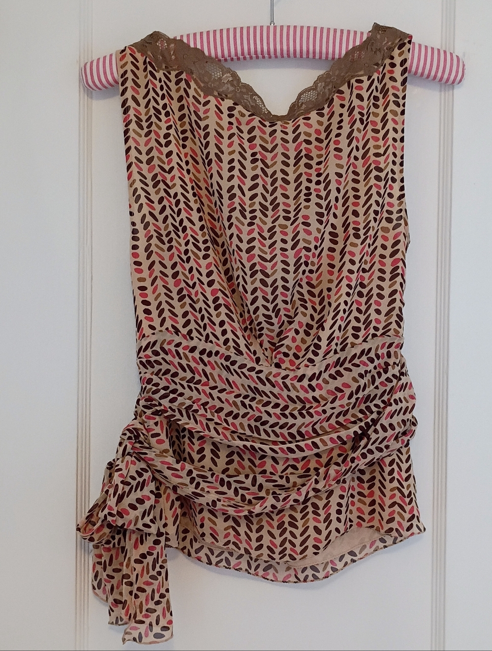 Silk Blouse Lace Trim. Pink, Tan & Brown with Sash Bow - Picture 10 of 13
